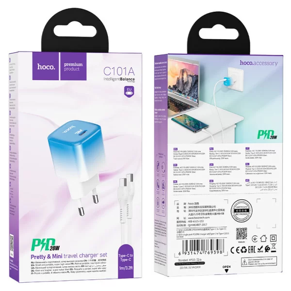 Зарядное устройство Hoco C101A PD20W Type-C to Type-C [Ice-Blue]